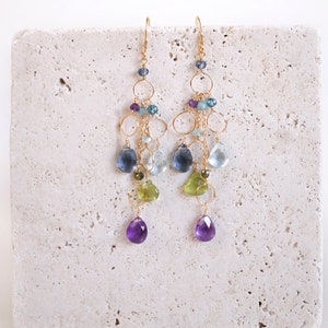 Rainbow Gemstone Earrings for Women, Colorful Drop Earrings, Gold, Amethyst, Iolite, Peridot and Aquamarine Earrings, Gift for Her