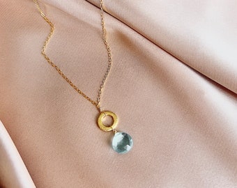 Aquamarine Quartz Gold Pendant Necklace: 14k Gold Plated Chain