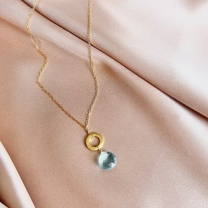 Small Aquamarine Quartz Gold Pendant Necklace for Women, Layering Necklace, Aquamarine Birthstone Necklace Aquamarine Quartz