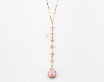 Peach Moonstone Y Necklace | Gemstone Necklace | Gift Idea for her
