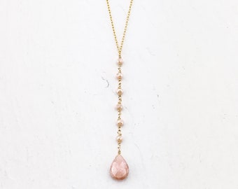 Peach Moonstone Y Necklace: 14k Gold Plated Sterling Silver, Handmade