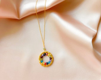 Gift for Her, Gold Necklace Colorful Necklace, Rainbow Beaded Necklace, 14k Gold Open Circle Necklace, Gemstone, Dainty Layering Necklace