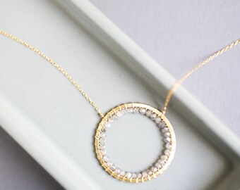 14k Gold Gemstone Necklace: Labradorite Circle Necklace, Eternity Pendant, Gift for Her