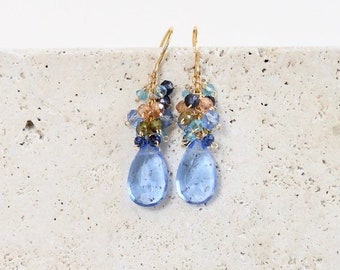 Blue Dangle Earrings | Blue Quartz Earrings | Gemstone Cluster Earrings