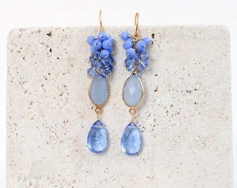 Blue Cluster Dangle Earrings | Long Handmade Wire Wrapped Gemstone Earrings