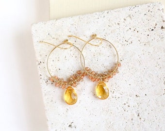 French Hook Hoop Earrings with Citrine Gemstone Beads | 14k Gold | Sterling Silver | Teardrop | Boho Jewelry | Anniversary Gift Idea for Her