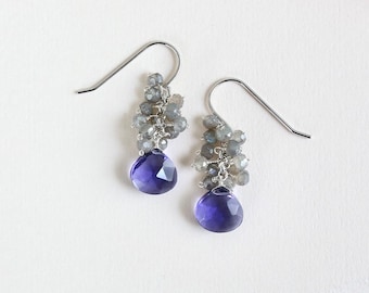 Tanzanite Quartz Dangle Earrings: Sterling Silver Labradorite Drops