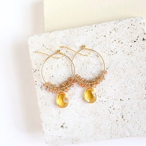 French Hook Hoop Earrings with Citrine Gemstone Beads | 14k Gold | Sterling Silver | Teardrop | Boho Jewelry | Anniversary Gift Idea for Her