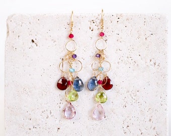 Rainbow Chandelier Earrings | Multi Gemstone Rainbow Earrings | Colorful Dangle Earrings