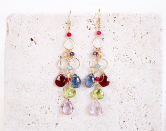 Rainbow Gemstone Chandelier Earrings: 14k Gold-Plated Silver, Handmade