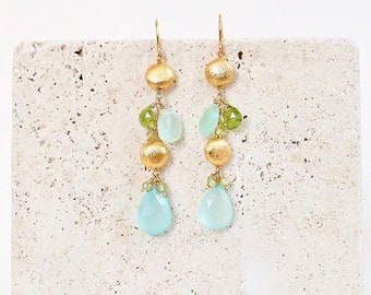 Aqua Chalcedony Long Earrings | Gemstone Statement Earrings