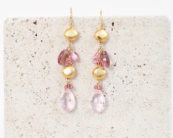 Rose Pink Clear Quartz and Pink Tourmaline Earrings - Light Pink Gemstone Statement Earrings