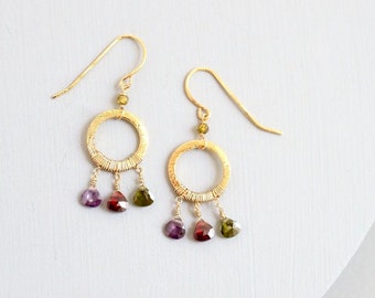 Rainbow Gemstone Gold Hoop Earrings for Women, Colorful Boho Circle Earrings, Garnet, Peridot, Amethyst Earrings, Gift for Her