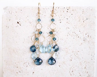 Aquamarine Statement Earrings with Iolite and Aqua Blue Quartz Gemstone Chandelier Earrings Blue Waterfall Earrings