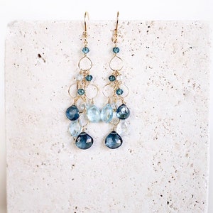 Aquamarine Statement Earrings with Iolite and Aqua Blue Quartz Gemstone Chandelier Earrings Blue Waterfall Earrings