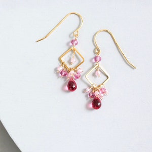 Tiny Pink Tourmaline and Rose Quartz Gemstone Dangle Earrings | Bridesmaid Gift for Her