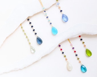 Dainty Gemstone Gold Pendant Necklaces for Women, Green Amethyst, Iolite, Chalcedony, Quartz