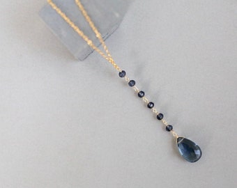 Iolite Necklace - Iolite Y Pendant Necklace for Women - Dainty Gold Gemstone Pendant