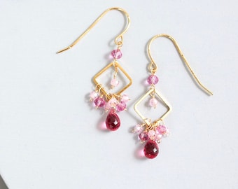 Tiny Pink Tourmaline and Rose Quartz Gemstone Dangle Earrings | Bridesmaid Gift for Her