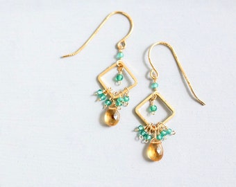 Citrine Dangle Earrings: Gold Sterling Silver Gemstone Drop Earrings