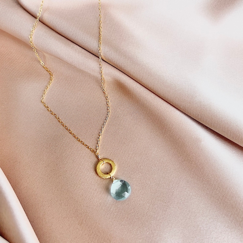 Small Aquamarine Quartz Gold Pendant Necklace for Women, Layering Necklace, Aquamarine Birthstone Necklace image 1