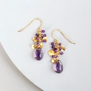 Amethyst Gold Dangle Earrings: 14k Gold Plated Purple Gemstone Earrings