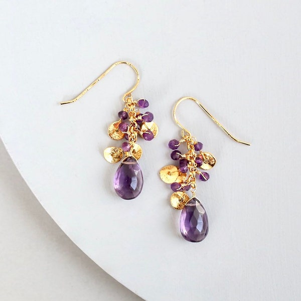 Purple Amethyst Earrings for Women, Amethyst Gold Dangle Earrings, Amethyst Drop Earrings, Gift for Her