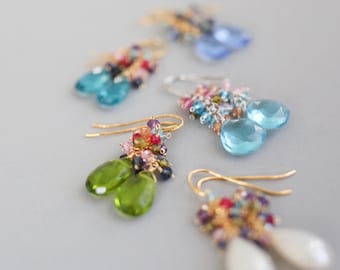 Boucles d'oreilles pendantes avec pierres précieuses | Boucles d'oreilles multi-pierres précieuses | Cadeau pour les femmes