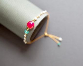 Bracelet gemme réglable rose chaud pour les femmes | Bracelet perlé empilable | Bracelet d’empilage Chalcedony Rose Chaud