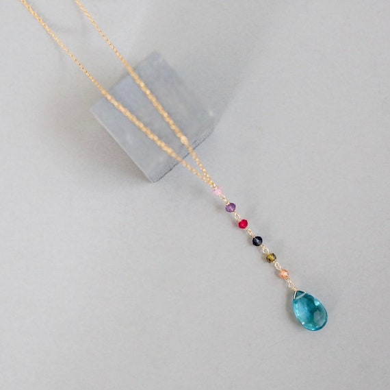 Blue Quartz Teardrop Pendant Necklace: 14k Gold Sterling Silver