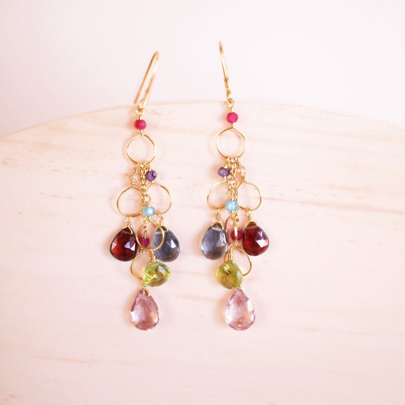 Boucles d'oreilles Rainbow Gemstone pour femmes, boucles d'oreilles colorées, boucles d'oreilles or, améthyste, iolite, péridot et aigue-marine, cadeau pour elle image 5