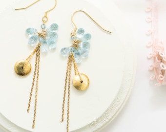 Gold Aquamarine Ballet Earrings: 14k Gold Plated Silver, March Birthstone