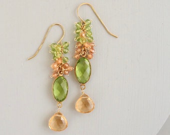 Citrine and Peridot Earrings - Gemstone Gold Drop Earrings - Perfect Gift for Her