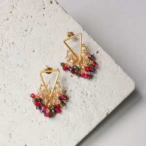 Gold Triangle Earrings Gold Fringe Earrings Rainbow Earrings Gemstone Earrings image 1