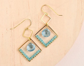 Aquamarine Quartz Dangle Earrings: Gold Beaded Geometric Design