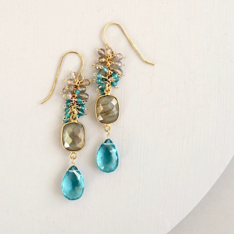 Long Statement Earrings Labradorite Neon Blue Quartz | Jewelry Gift for Mom Sister Daughter Bridesmaid bild 2