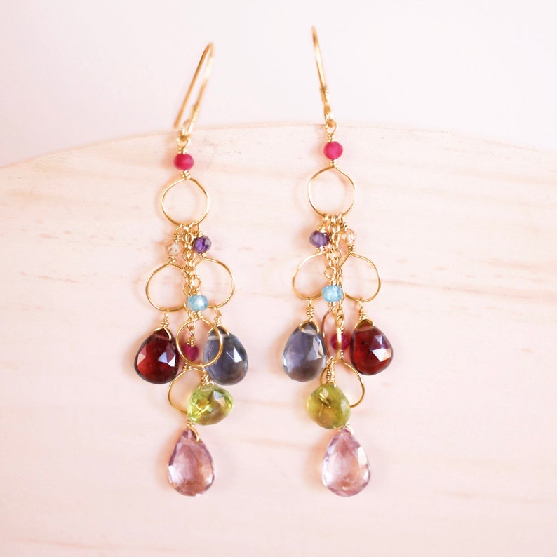 Boucles d'oreilles Rainbow Gemstone pour femmes, boucles d'oreilles colorées, boucles d'oreilles or, améthyste, iolite, péridot et aigue-marine, cadeau pour elle image 6