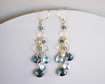 Aquamarine and Iolite Chandelier Earrings, Blue Gemstone Statement Earrings, Gift for Her