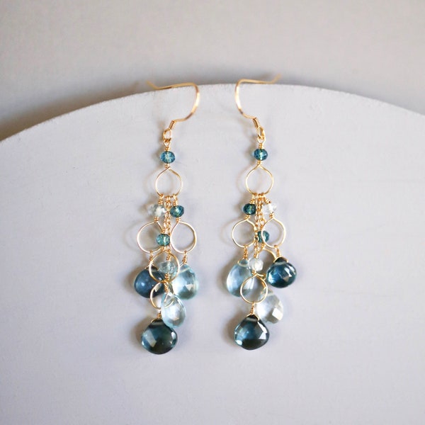 Aquamarine and Iolite Chandelier Earrings, Blue Gemstone Statement Earrings, Gift for Her