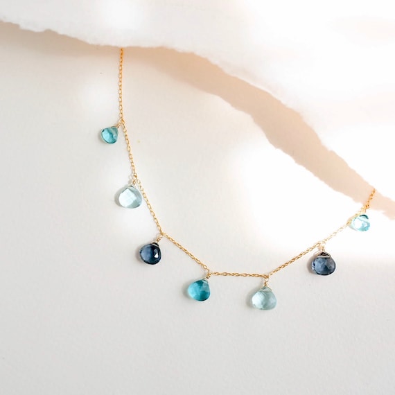 Aquamarine & Iolite Gemstone Necklace: 14k Gold Vermeil Chain