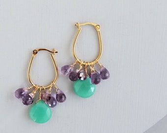 Green Chrysoprase and Gold Amethyst Drop Earrings - February Birthstone Gift for Her