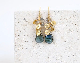 Labradorite Gemstone Drop Earrings | Labradorite Gold Dangle Earrings | Gift for Her