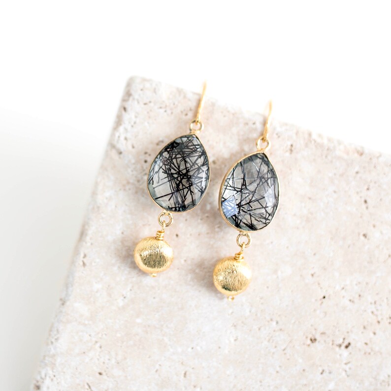 Black Rutilated Quartz Dangle Earrings Rutilated Quartz Gold Etsy UK