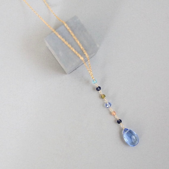 Sky Blue Quartz Y Necklace: Gold Plated Sterling Silver Pendant
