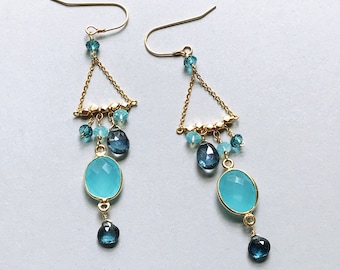 Gift for Mom | Gemstone Chandelier Earrings | Iolite |  Blue Chalcedony