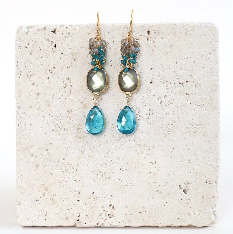 Long Gemstone Earrings Gold Dangle Earrings Neon Blue Etsy
