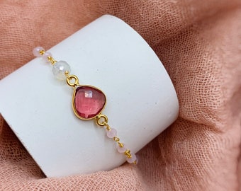 Pink Tourmaline Quartz Adjustable Stacking Bracelet for Women | Pink Gemstone Stackable Layering Bracelet