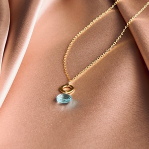 Small Aquamarine Quartz Gold Pendant Necklace for Women, Layering Necklace, Aquamarine Birthstone Necklace image 2