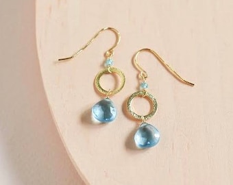 Gold Aquamarine Quartz Drop Earrings for Women | Small Blue Gemstone Earrings