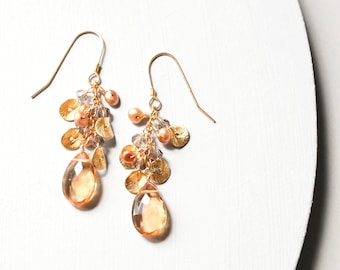 Citrine Gemstone Earrings: Gold Plated Sterling Silver, Champagne Pearl Accents